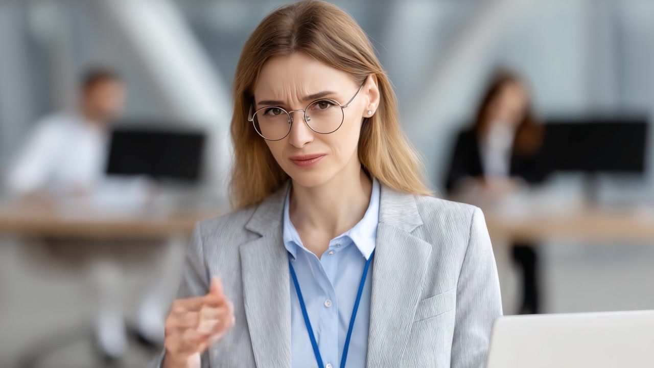 Una professionista in un ufficio con un'espressione afflitta, che rappresenta le sfide dello stress lavorativo e della tensione emotiva mentre lavora al computer.