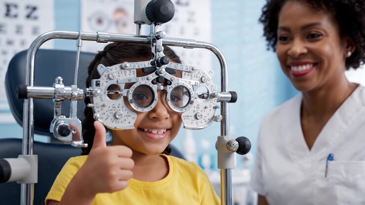 A Young Girl Receives an Eye Examination, Testing Vision with a Phoropter, Under the Careful Guidance of a Friendly Optometrist in a Bright Clinic Environment