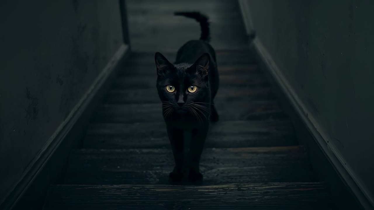 Gato preto caminhando e se aproximando da câmera baixa em uma escadaria de madeira estreita, destacando os olhos reflexivos