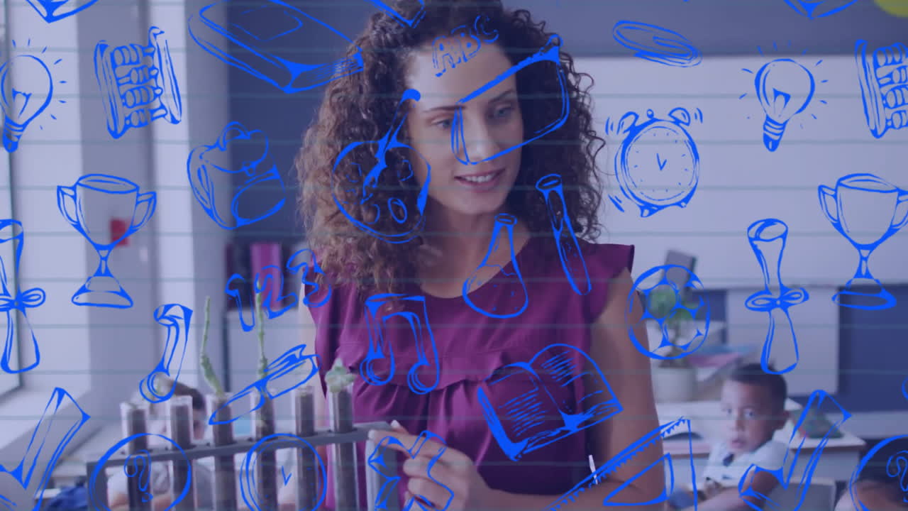 animación de iconos escolares sobre diversas maestras y escolares en el aula
