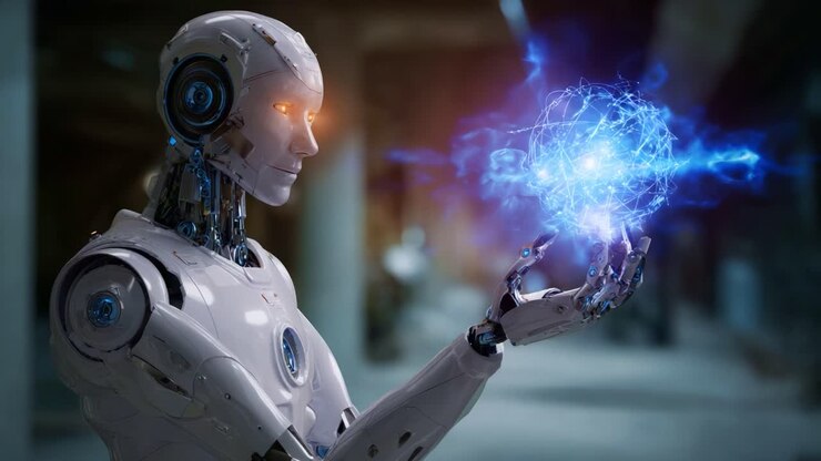 Un robot umanoide manipola abilmente una sfera di energia incandescente, mettendo in mostra la tecnologia avanzata e l'intelligenza artificiale in un ambiente futuristico
