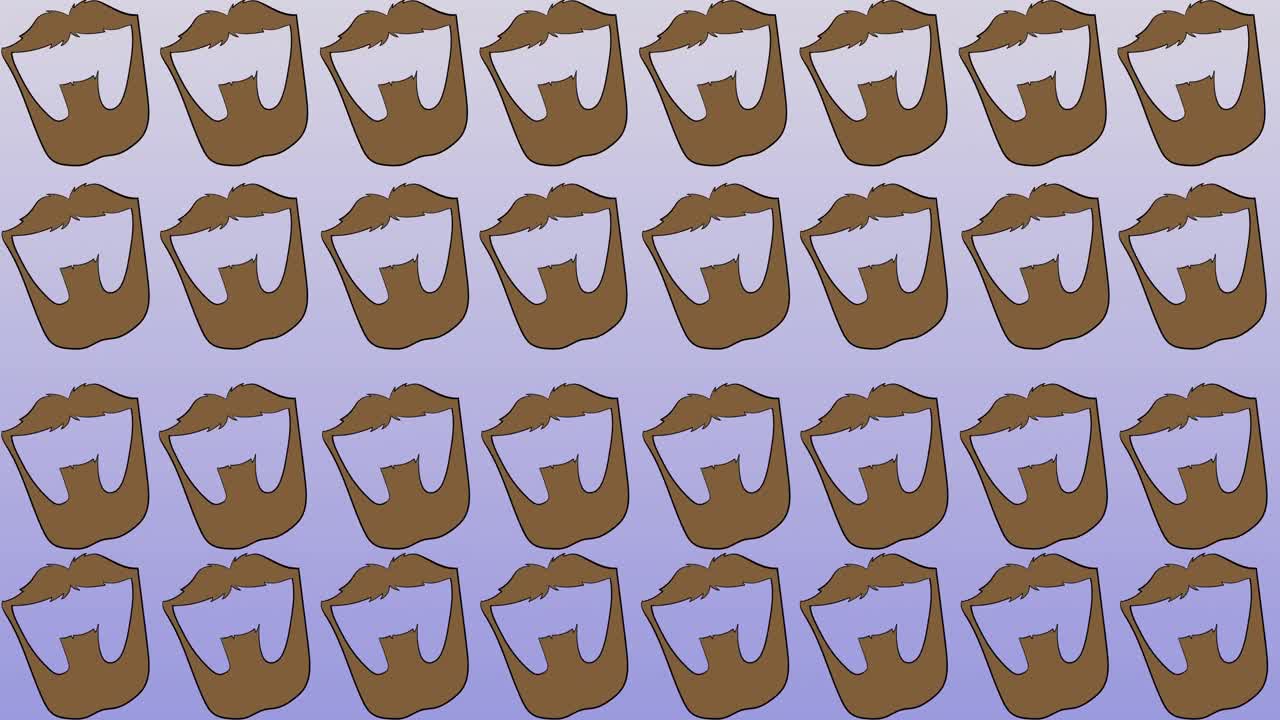 Animation of brown moustache and beard repeated on blue backgroud