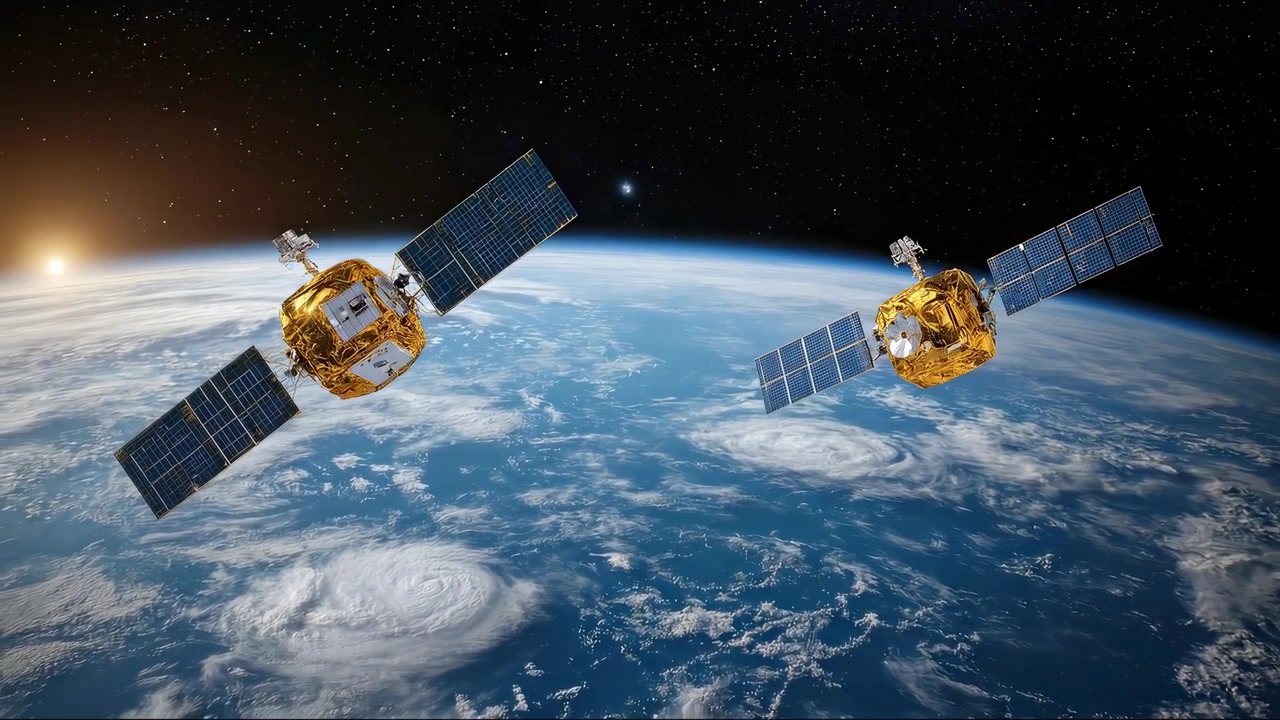 Gyldne satellitter med solpaneler kredser om Jorden i rummet
