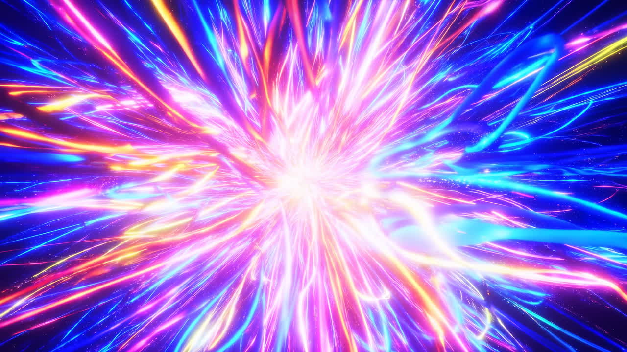 Neonlys energibrud udstråler farve, levende lyserøde, blå og guldstriber eksploderer udad i et dynamisk stjerneudbrud