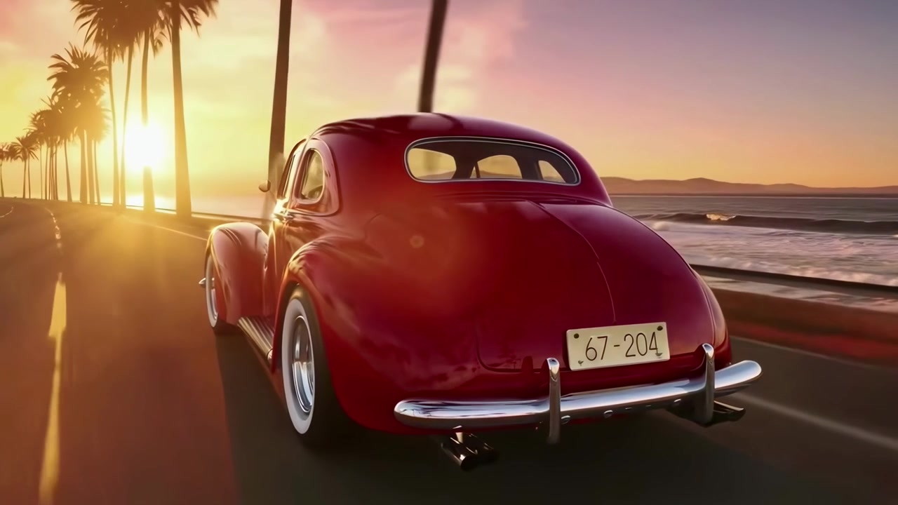 Auto d'epoca rossa che percorre una strada costiera al tramonto