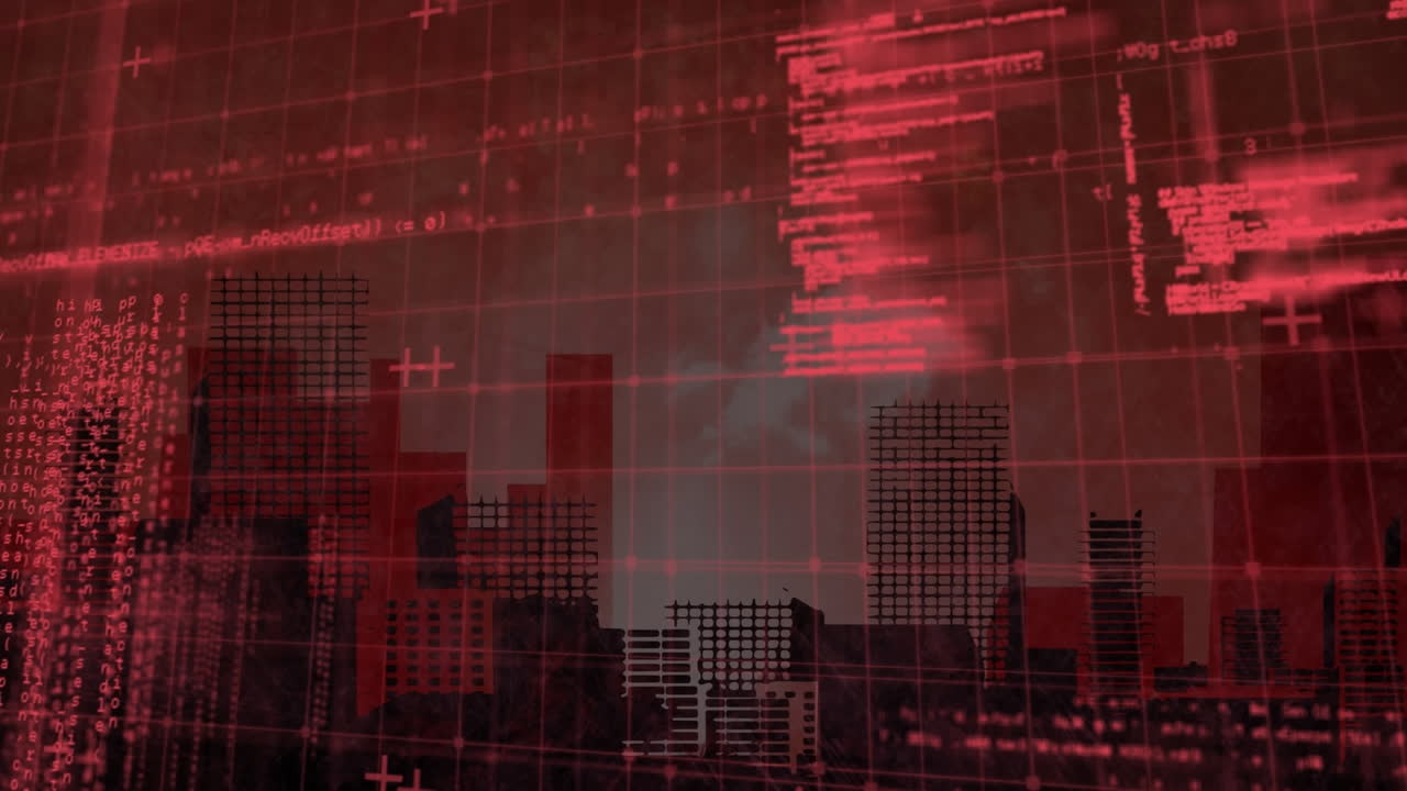 Animation of red data processing over grid and cityscape