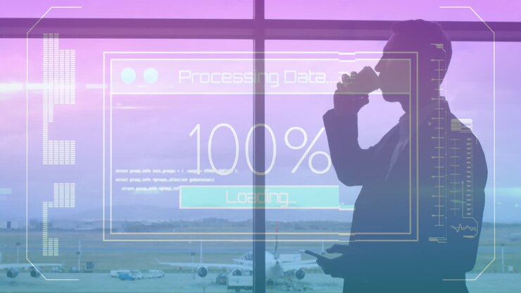 Animation of data processing on screen over man using smartphone