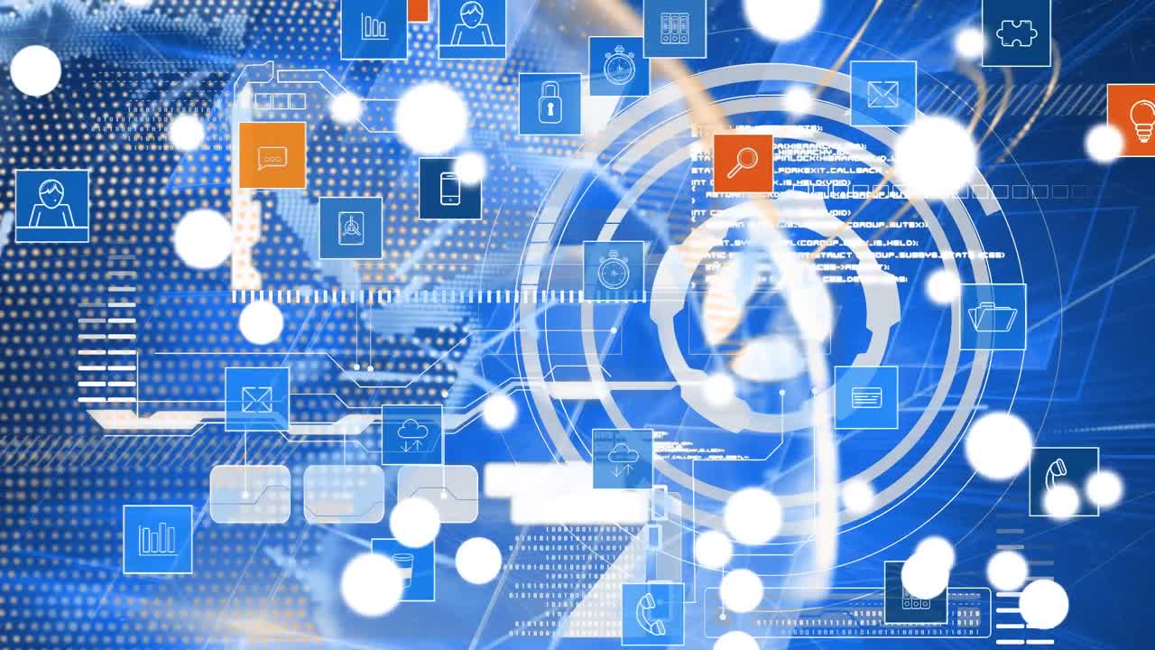 아이콘과 파란 화면을 통해 연결의 네트워크와 함께 지구의 애니메이션