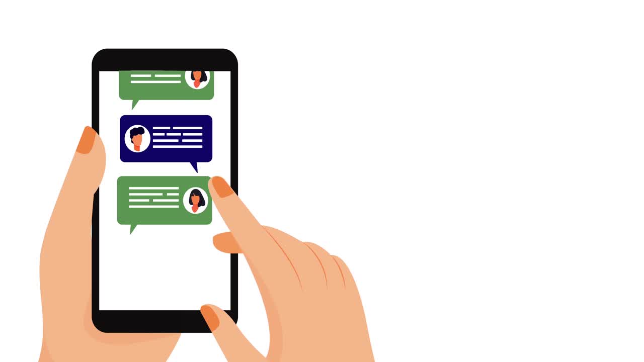 animación de una persona que usa una red social de teléfonos inteligentes en blanco