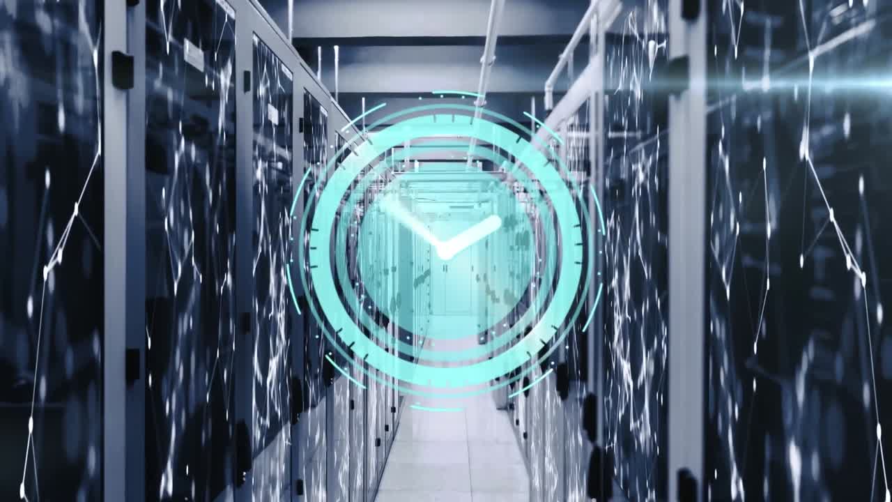 컴퓨터 서버  ⁇ 에 대한 네온 티킹 시계와 연결 네트워크의 애니메이션