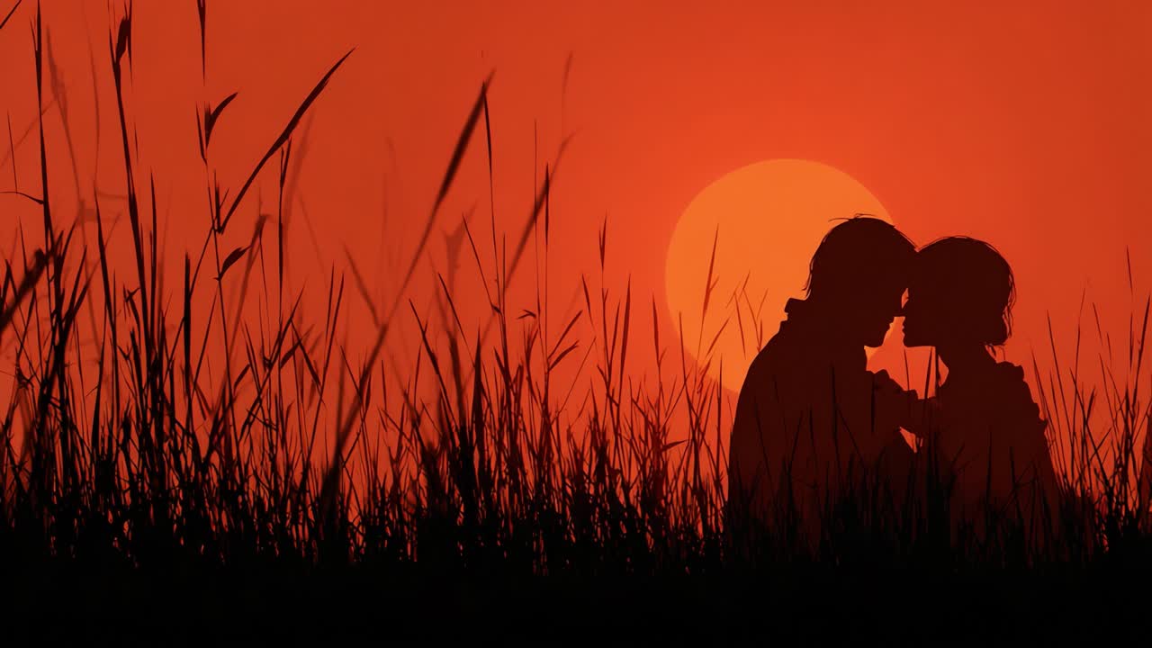 A Romantic Sunset Embrace: Capturing Two Silhouettes in Love Against a Gorgeous Orange and Red Sky Surrounded by Tall Grass