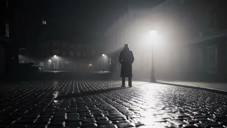 a man walking in a foggy night street
