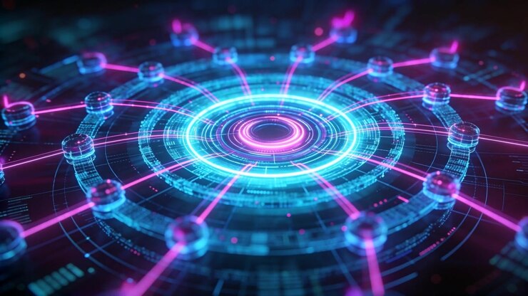 Pulsing central hub initiating pink-blue beams across hologram, showing circulating glyphs and sync
