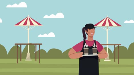 animación de una cafetería con una trabajadora en el paisaje