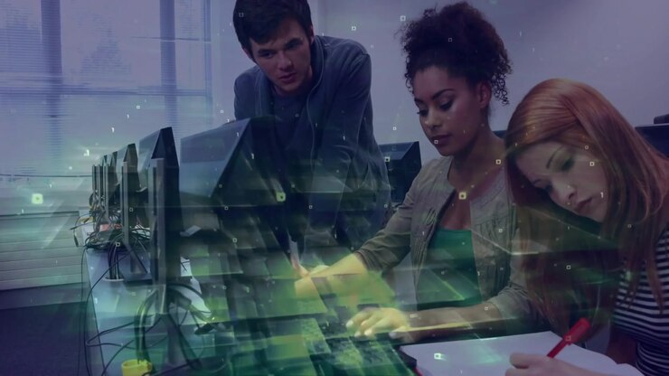 Prompted by colleague scanning screen, curly-haired woman coding as data overlays visualizing data