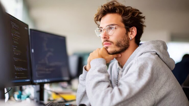 Nachdenklicher junger Mann im grauen Hoodie, der konzentriert an einem Computer arbeitet, umgeben von Monitoren, die Code und Daten anzeigen, was eine intensive Konzentration widerspiegelt