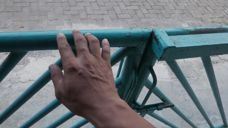 Mano che sblocca un chiavistello di un cancello di metallo