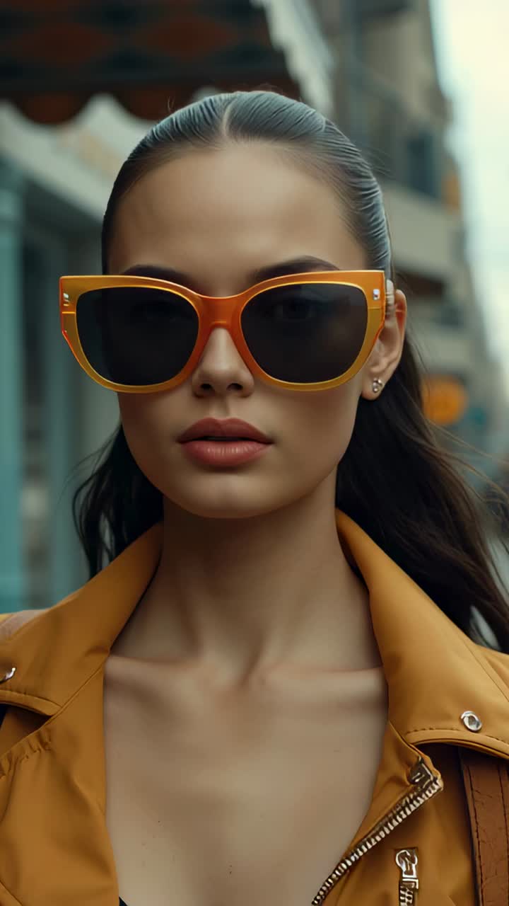Vertical video: Model walking on city sidewalk toward camera with sunglasses, jacket, hair swaying