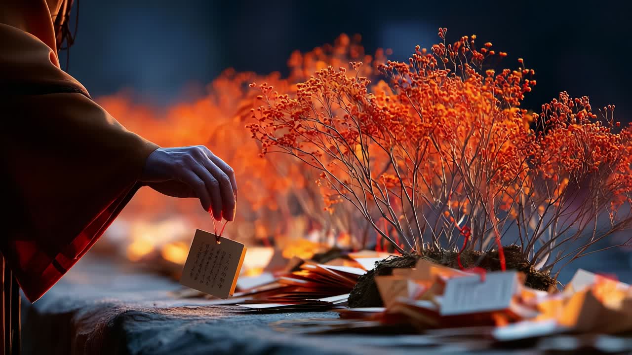 A serene scene capturing a delicate moment where an individual places a prayer card carefully amid vibrant orange flowers, symbolizing hope, remembrance, and connection to a greater spiritual experience