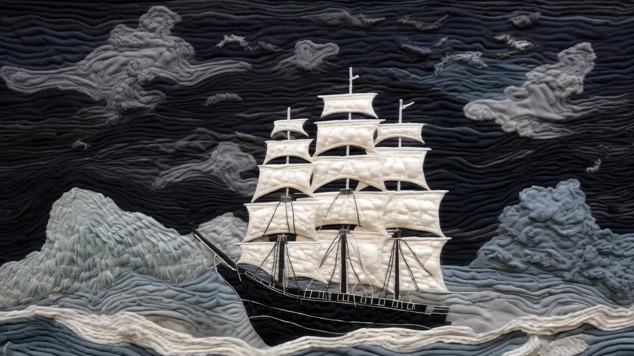 Aerial view of a quilted fabric scene depicting a ship at sea under a stormy sky