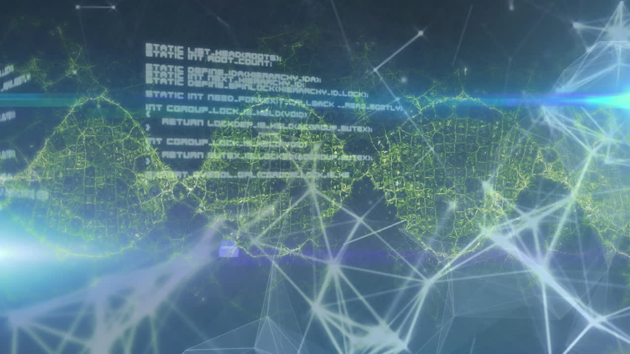 animazione della rete di connessioni con la catena di dna e elaborazione dei dati
