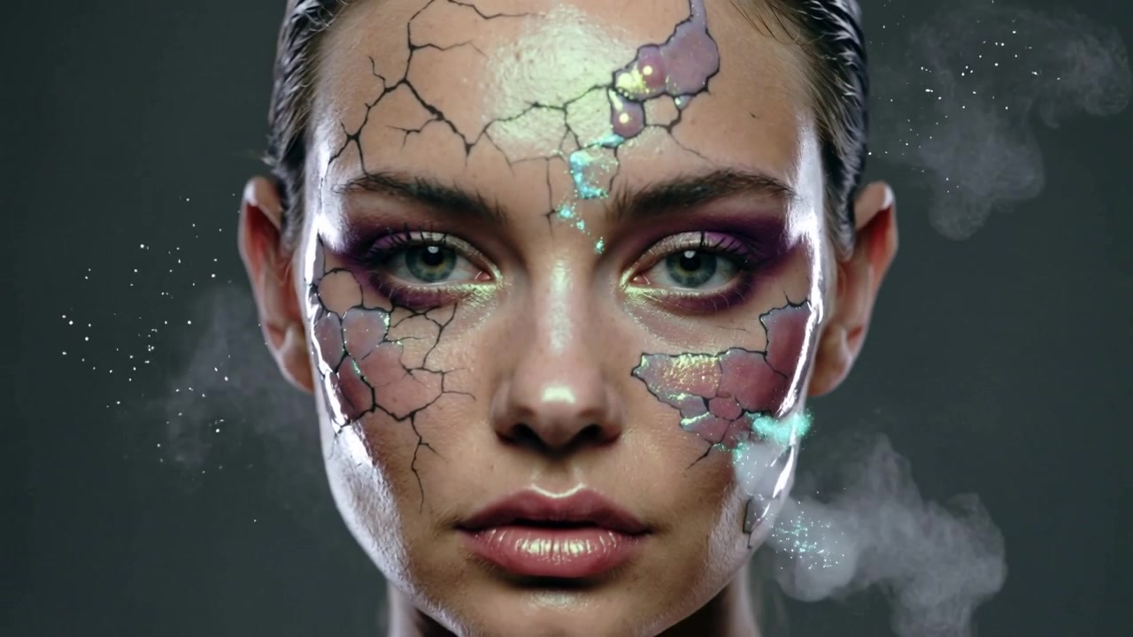 Linsen trækkes tilbage og viser en kvinde, der kigger i et studie til en promovering, med krakeleret iriserende makeup, der udsender røg.
