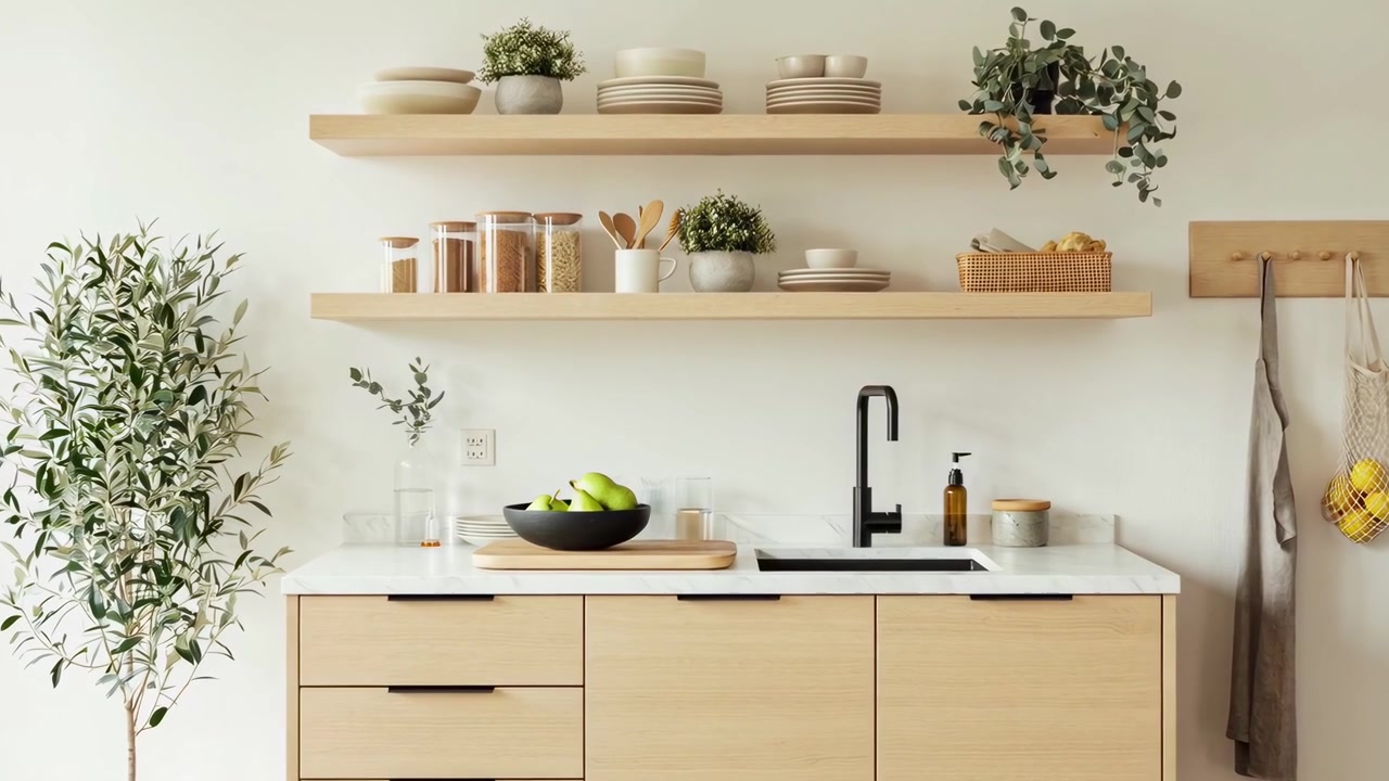 Interno cucina moderno e minimalista con mobili in legno e scaffalature a vista