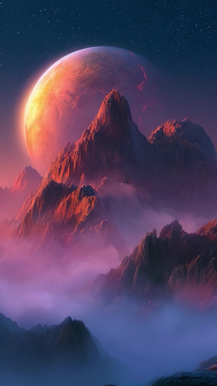 A Breathtaking Cosmic Landscape Illuminated by a Distant Planet, Set Against Majestic Mountains and Ethereal Clouds in a Stunning Celestial Display