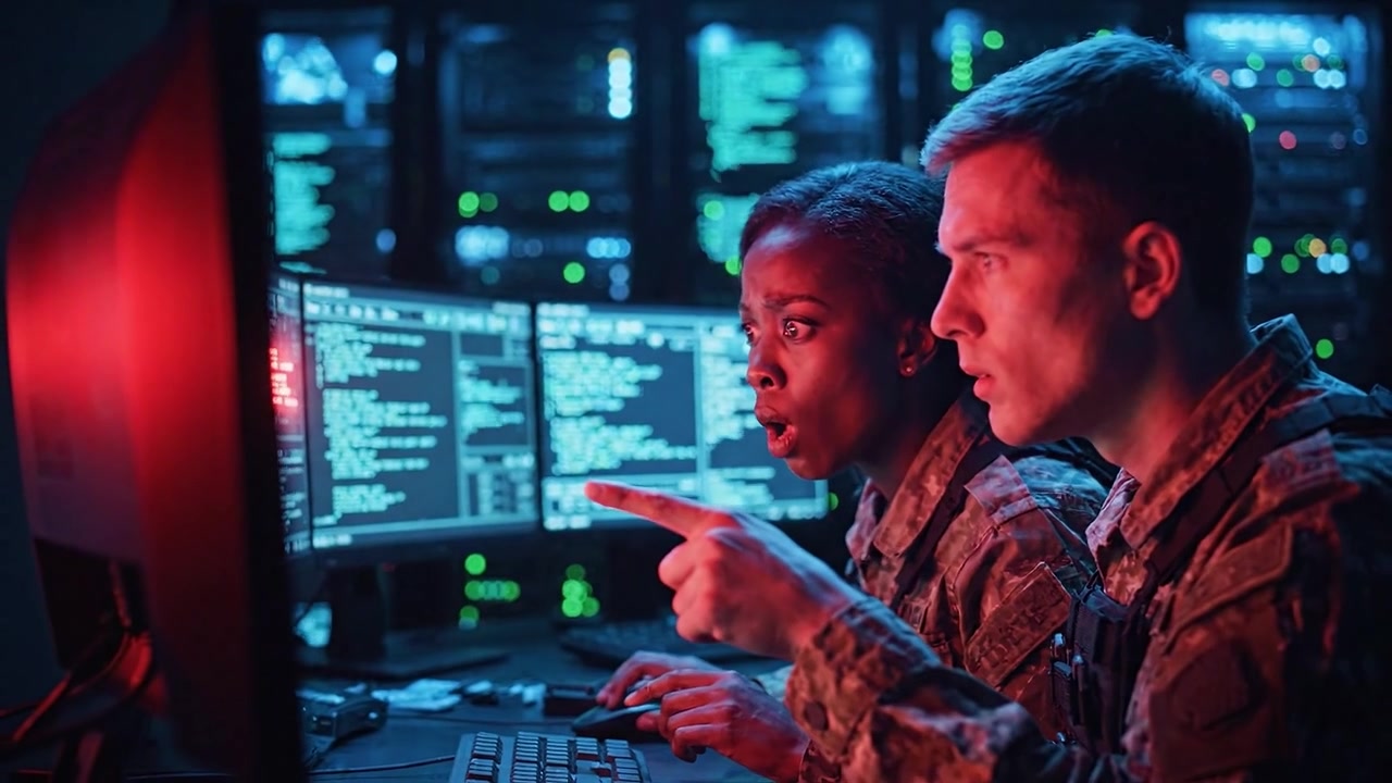 Military Personnel Collaborating in a High-Tech Operations Center with Advanced Computer Systems Analyzing Data and Coordinating Responses in Real Time