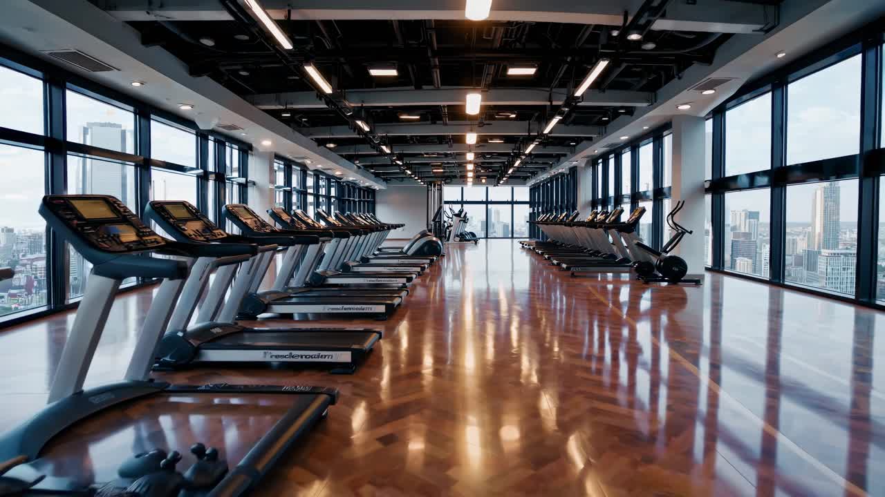 Wide-angle video of a modern gym with rows of treadmills and large windows, showcasing a sleek
