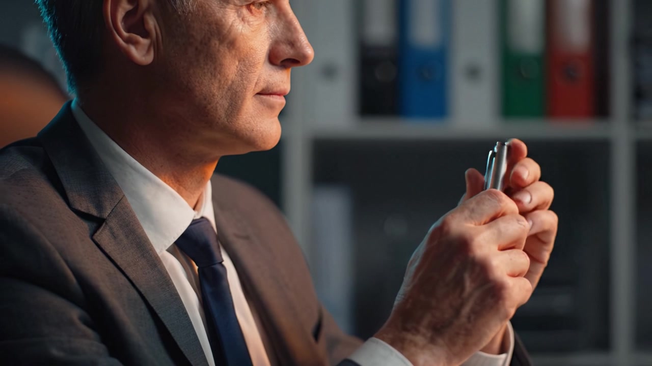 Un uomo d'affari concentrato che riflette su delle decisioni mentre tiene una penna in un ambiente d'ufficio moderno, mostrando professionalità e determinazione nella sua espressione