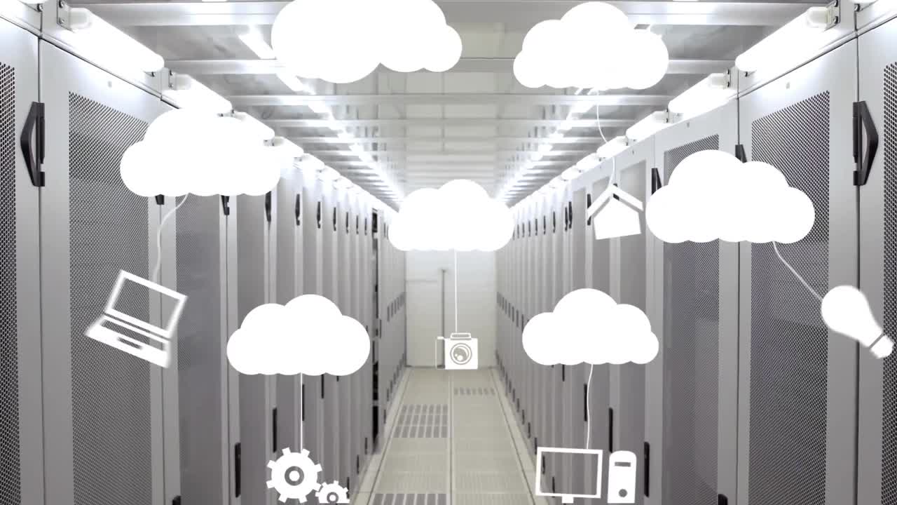 animación de nubes digitales con iconos sobre servidores de computadoras
