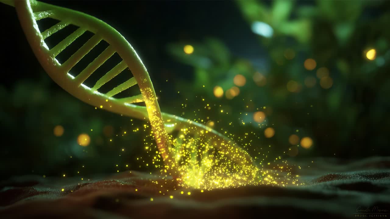 A captivating visual representation of DNA intertwining with shimmering particles, symbolizing the fusion of nature and science, and highlighting the complexities of genetic structures and their interactions