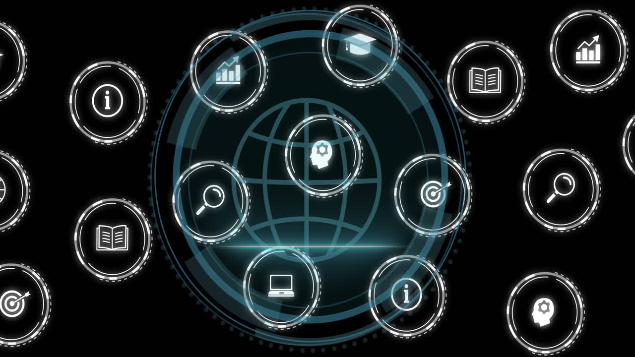 Animation of digital icons and data processing over globe on black background