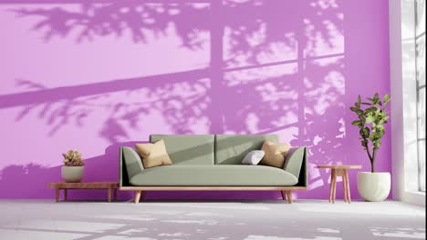 Modernes-Wohnzimmer-In-Einer-Wohnung-Mit-Couch-Und-Schatten-Von-Baumblättern,-Die-Sich-Durch-Eine-Sanfte-Sommerbrise-Auf-Der-Rotvioletten-Wand-Bewegen-Und-Eine-Animation-Rendern