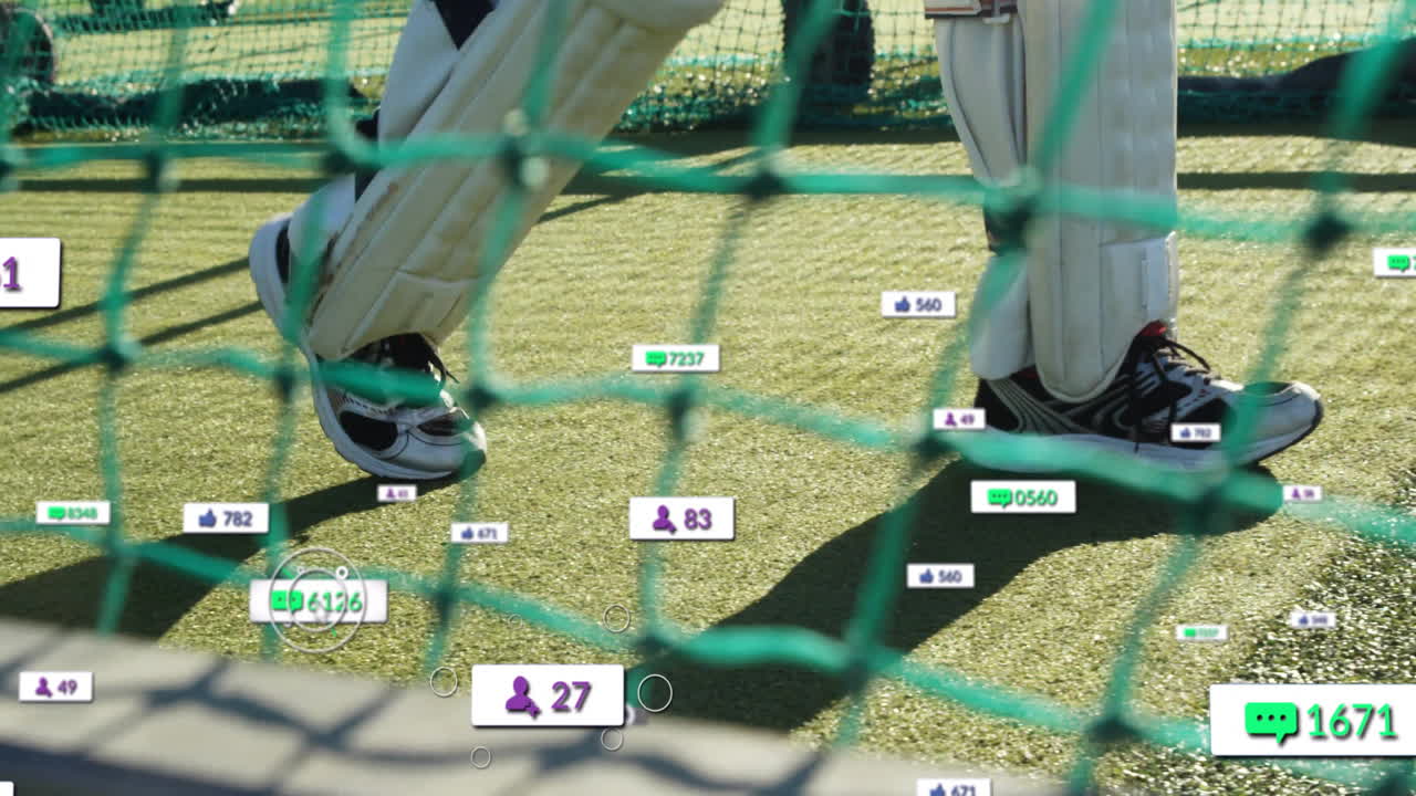 Practicing in nets, cricketers with animation icons for social media interaction