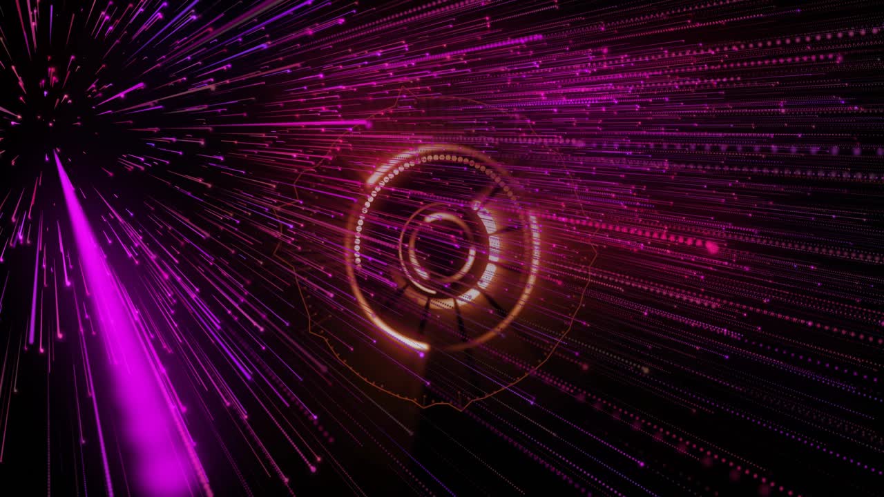 Top-left burst releasing magenta trails while ring system pulsing and rotating, showing energy flow