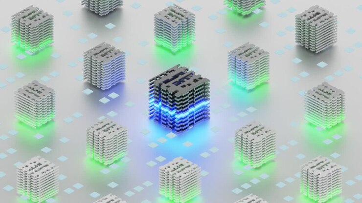 Electronic circuit board close up, computer chip, mother board with neon lights, 3D rendering animation