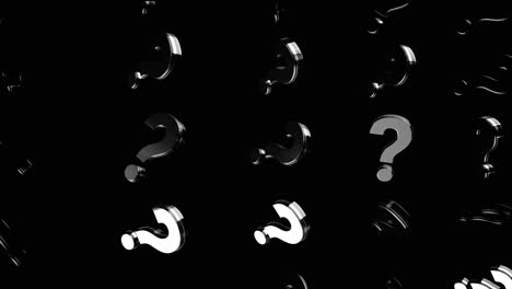 signos de interrogación plateados que se mueven sobre un fondo negro, concepto de incertidumbre. animación. signos de interrogación caóticos monocromáticos que fluyen de una esquina a otra, bucle sin costuras