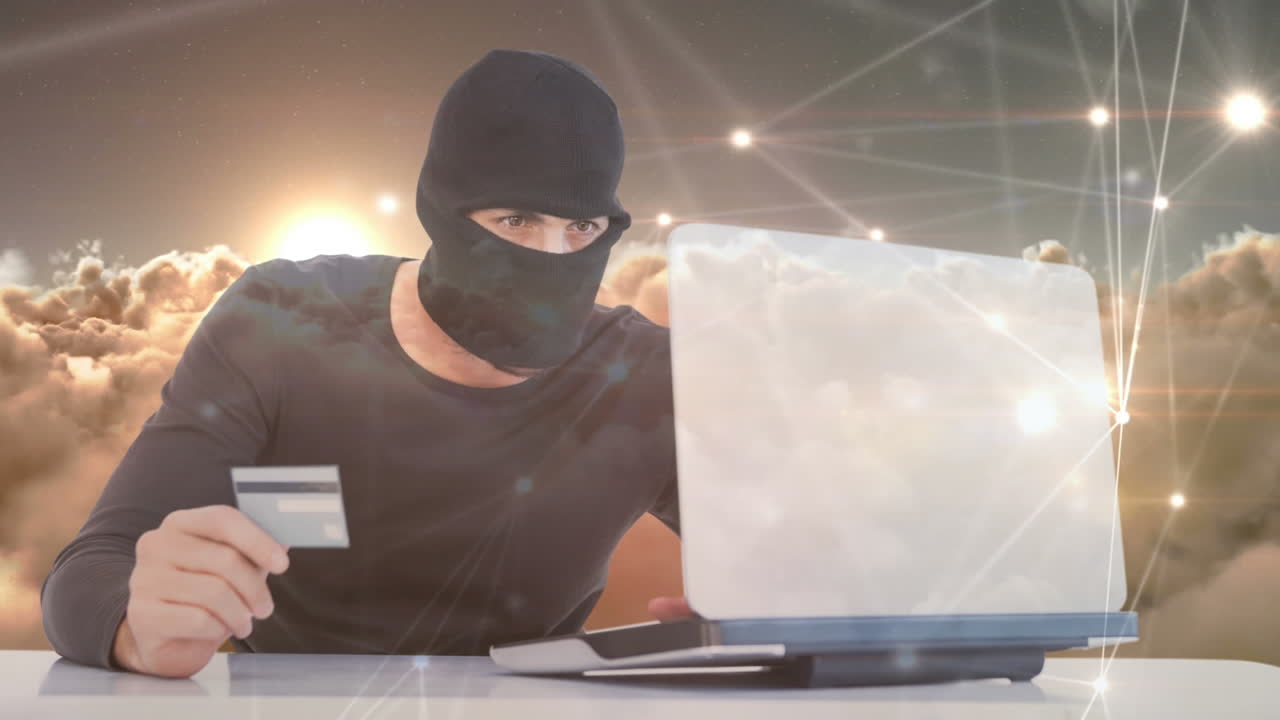 animación digital de hacker sosteniendo la tarjeta mientras hackea el portátil 4k