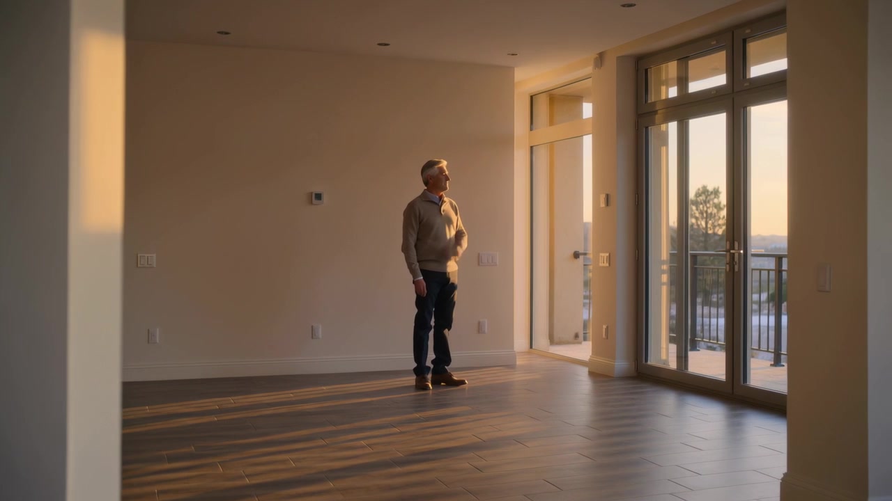 Entering mature man in sweater inspecting empty room at sunset, assessing balcony view, copy space