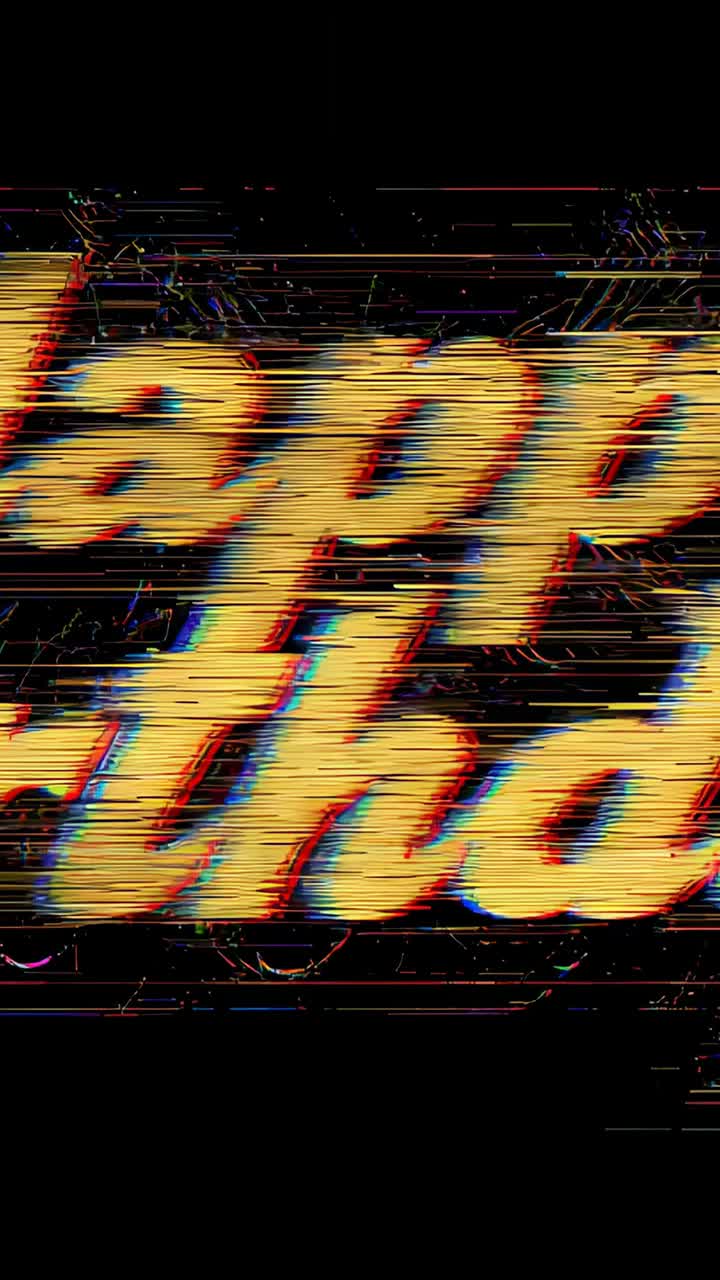 Vertical video: Looping yellow script crop on black, glitching with red scanlines, mimicking CRT