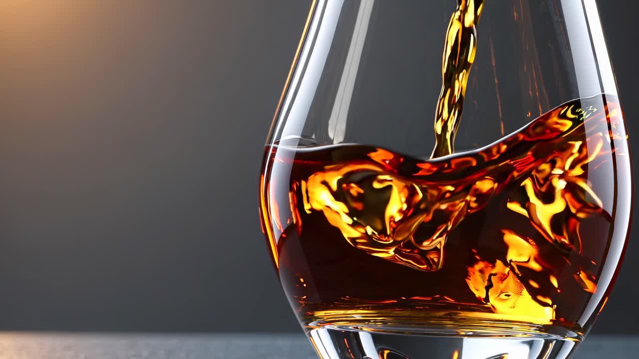 Close-up shot of whiskey being poured into a glass, capturing the rich amber tones and fluid motion