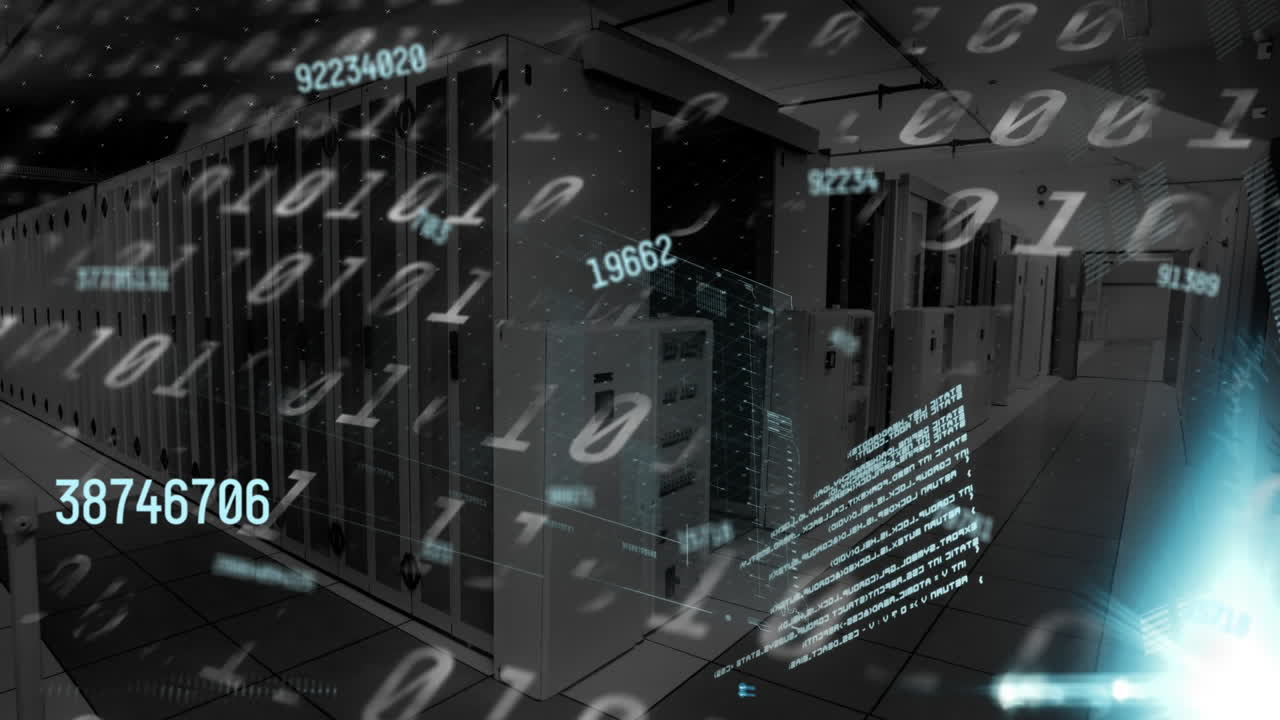 Animation of data processing and binary coding over server room