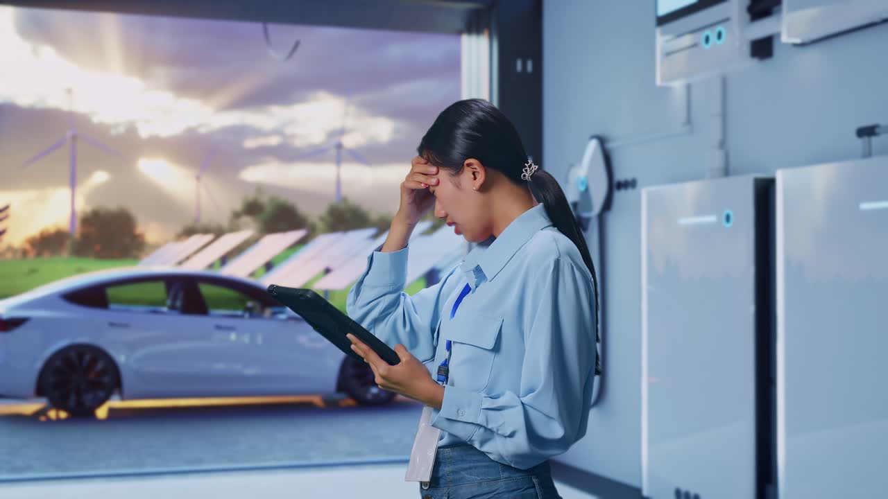 Side View Of Asian Female With Her Tablet With Home Energy Storage System In a Modern Garage, Checking With Dissapionted And Nodding Her Shead
