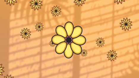 Animación-De-Flores-Sobre-Hojas-Y-Sombra-De-Ventana-Sobre-Fondo-Naranja