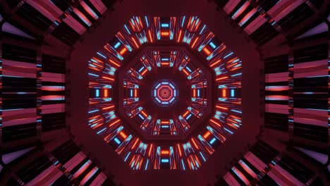 forward motion in octagon tunnel with bright red and blue light beams 3d loop