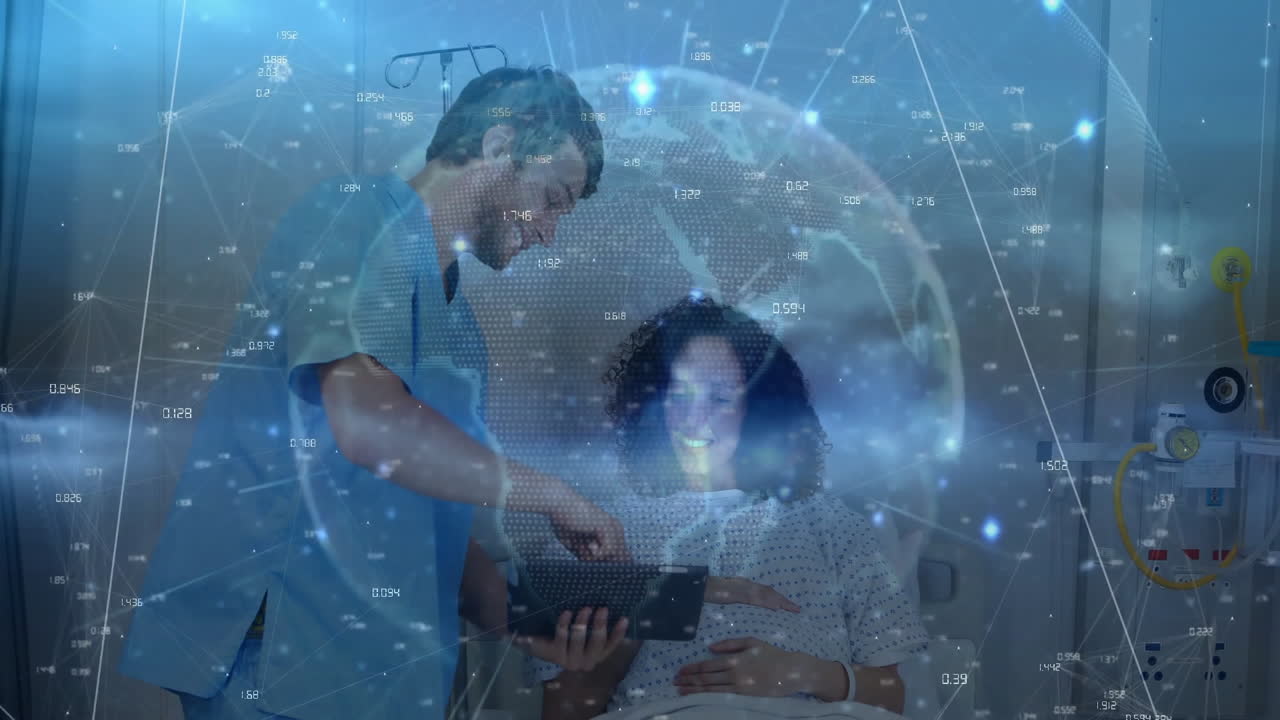 Male nurse guiding female patient in hospital ward, showcasing digital globe network overlay
