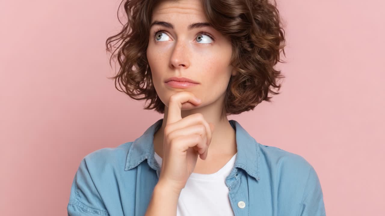Giovane donna contemplativa: un momento di riflessione pensosa con un'espressione curiosa, ambientato su uno sfondo rosa tenue che evoca sentimenti di introspezione e meraviglia.