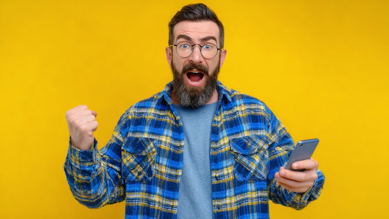 Excited man celebrating success with a smartphone in hand, showcasing his enthusiasm against a vibrant yellow background, embodying joy and achievement